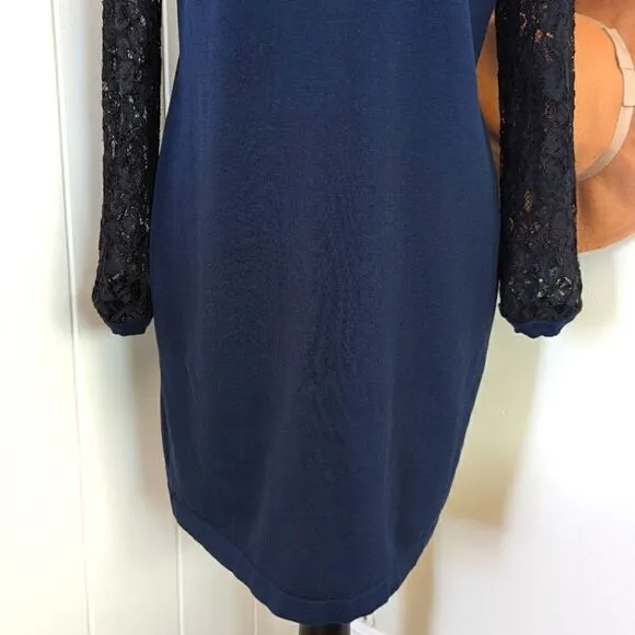 Diane Von Furstenberg Kivel Lace Silk Dress in Marine Blue Black, sz M EUC