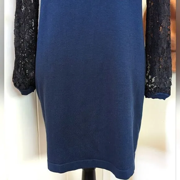 Diane Von Furstenberg Kivel Lace Silk Dress in Marine Blue Black, sz M EUC