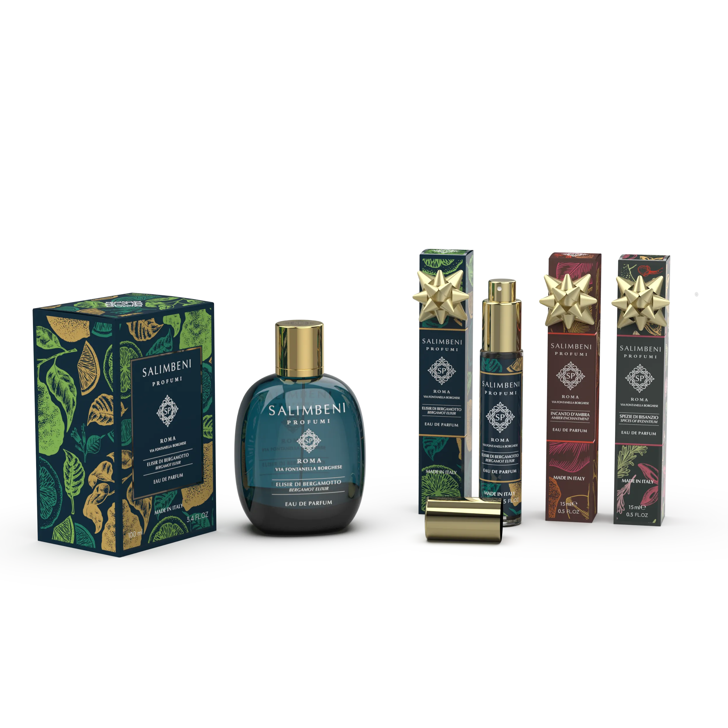 Eau de Parfum 100 ml Elisir di Bergamotto   Tre Eau de Parfum da Viaggio (Elisir di Bergamotto 15 ml   Incanto d'Ambra 15 ml   Spezie di Bisanzio 15 ml) in PROVA OMAGGIO
