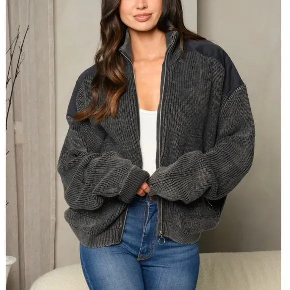 EMORY PARK Chic Black Washed Knitted Jacket