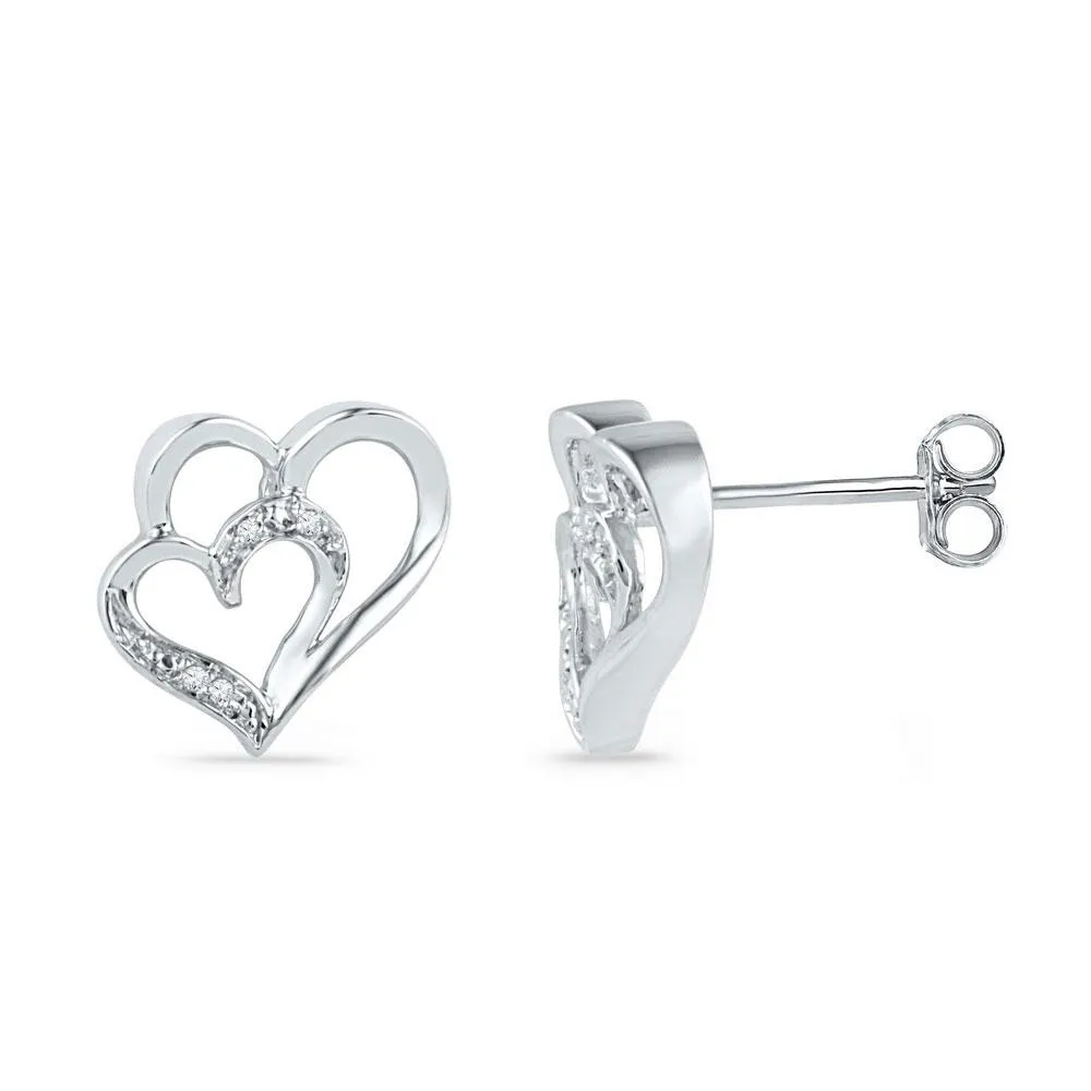 Enchanting 10K White Gold Round Diamond Heart Earrings 0.03 CTTW
