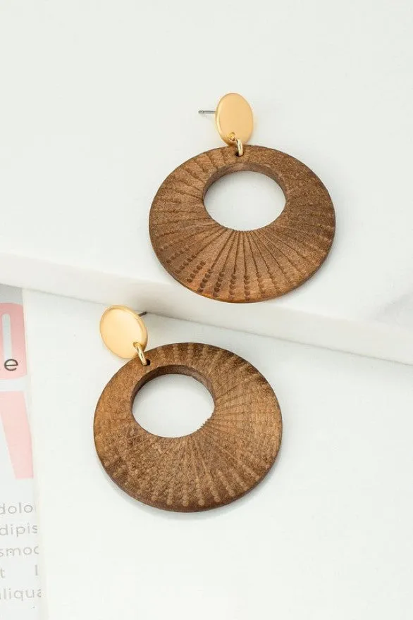 Etched Donut Shape Wood Drop Earring with Round Stud