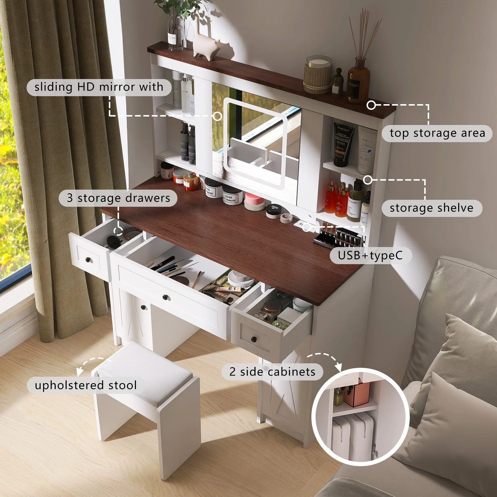 Farmhouse Vanity Desk with Sliding Mirror