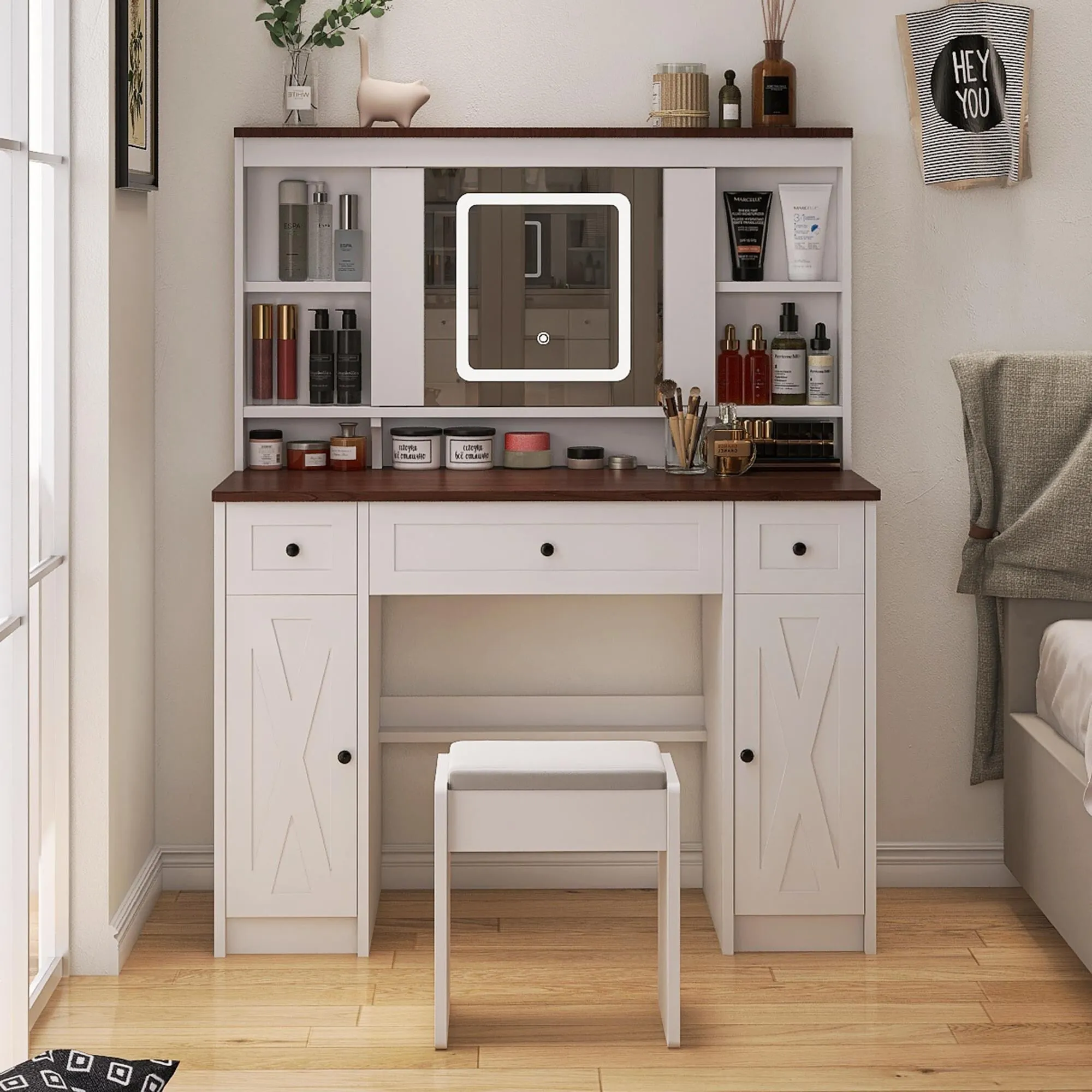 Farmhouse Vanity Desk with Sliding Mirror