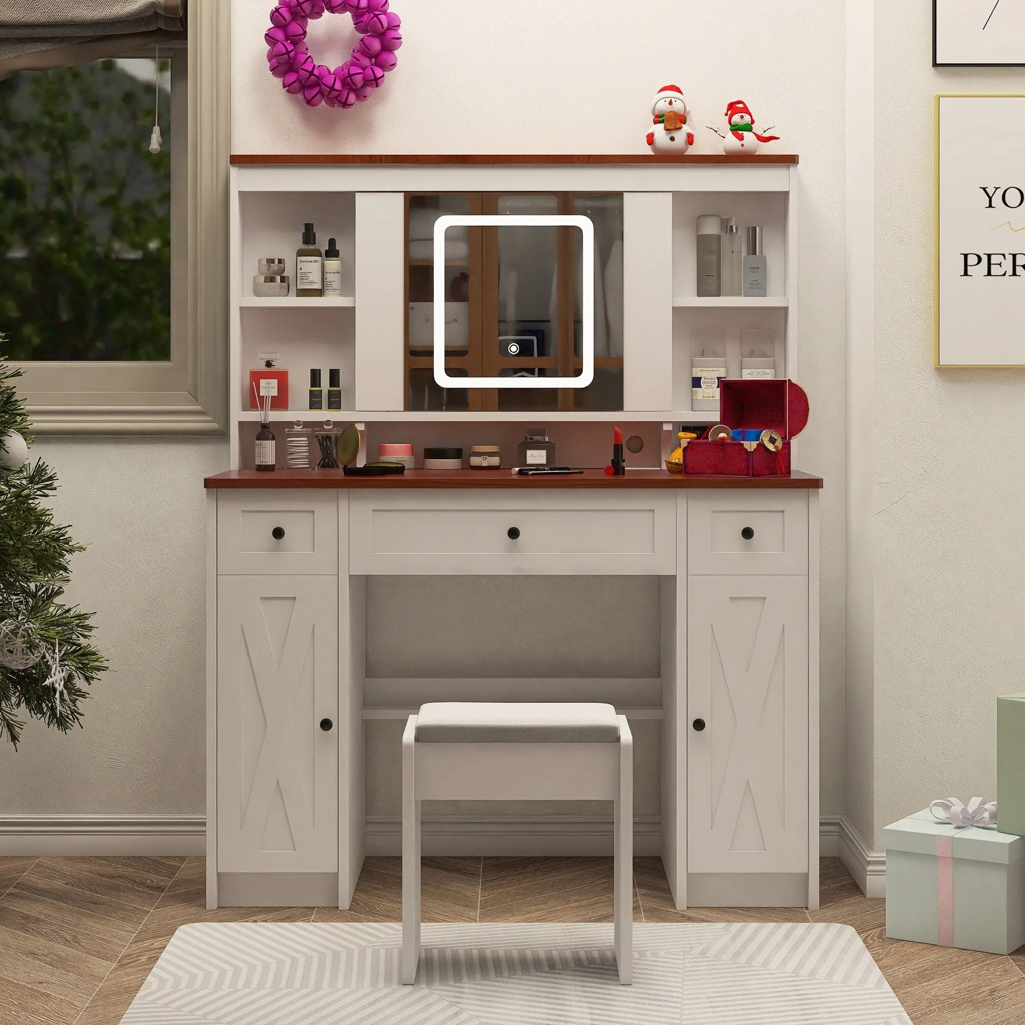 Farmhouse Vanity Desk with Sliding Mirror
