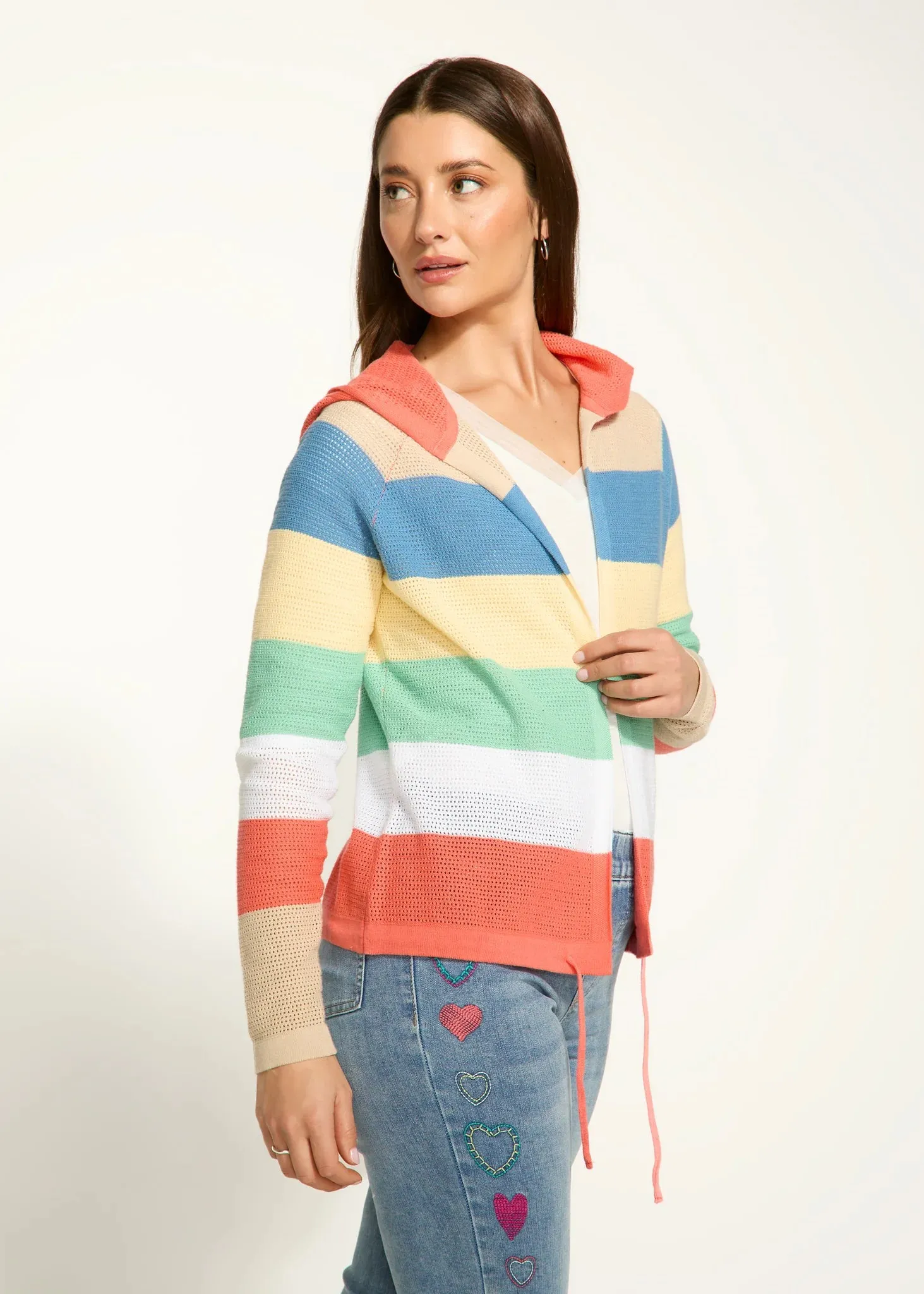 FDJ Parasol Stripe Pointelle Hooded Cardigan, Style #1631314