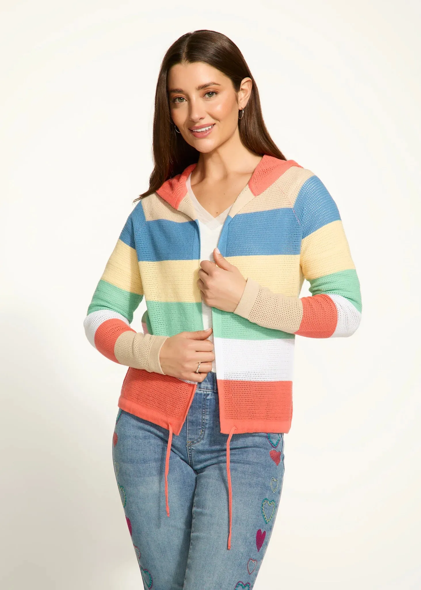 FDJ Parasol Stripe Pointelle Hooded Cardigan, Style #1631314