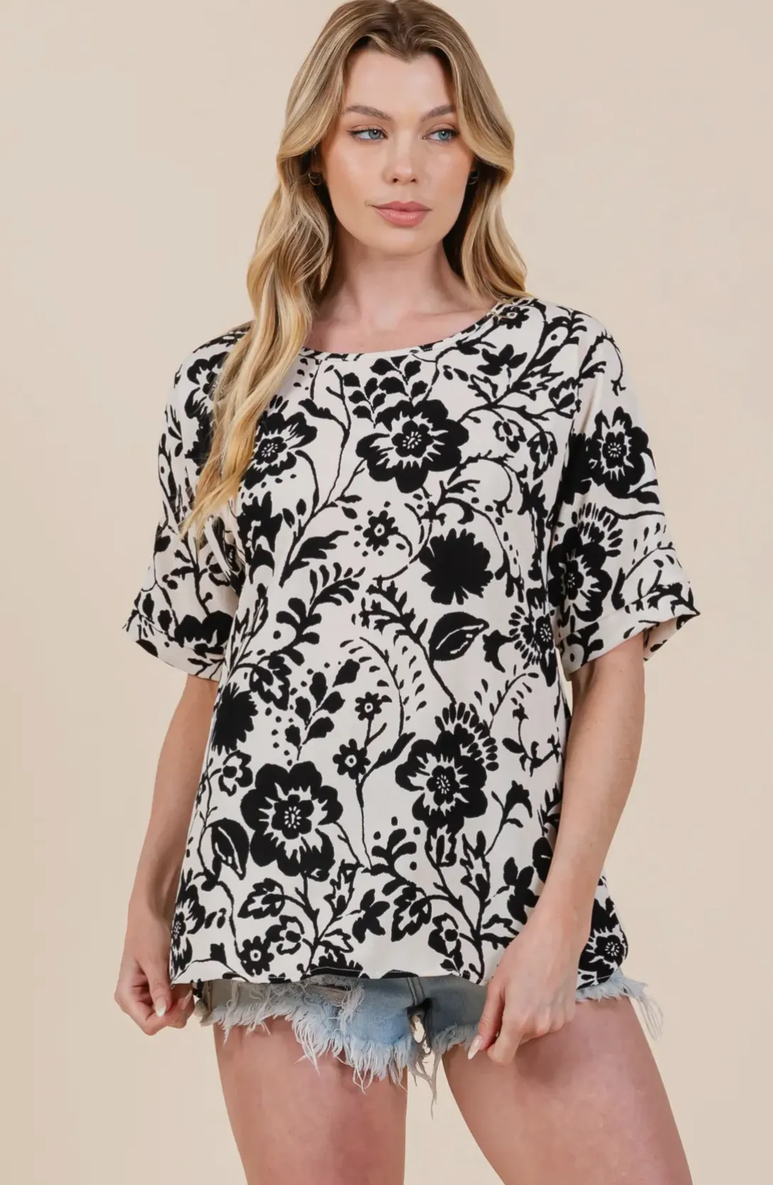 Floral Black And Ivory Short Sleeve Top