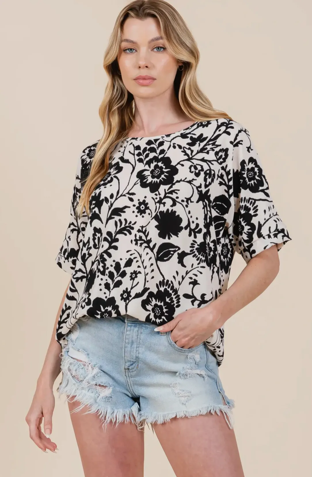 Floral Black And Ivory Short Sleeve Top