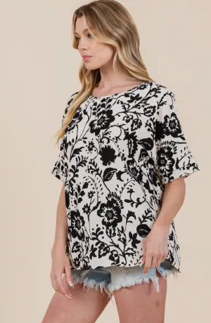 Floral Black And Ivory Short Sleeve Top
