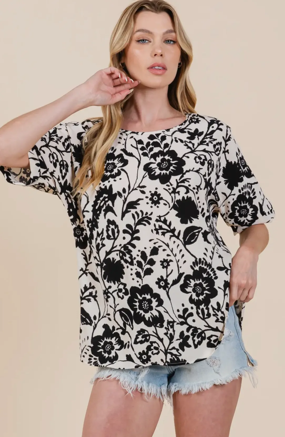 Floral Black And Ivory Short Sleeve Top