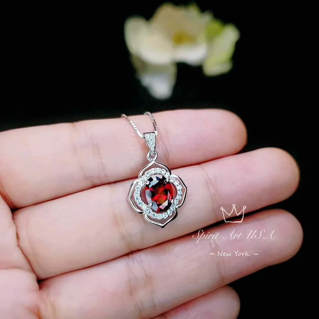 Garnet Necklace -  Sterling Silver flower of Life Red Gemstone Dainty Orange Spessartite Garnet Jewelry Tiny Garnet Choker Chakra Healing