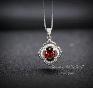 Garnet Necklace -  Sterling Silver flower of Life Red Gemstone Dainty Orange Spessartite Garnet Jewelry Tiny Garnet Choker Chakra Healing