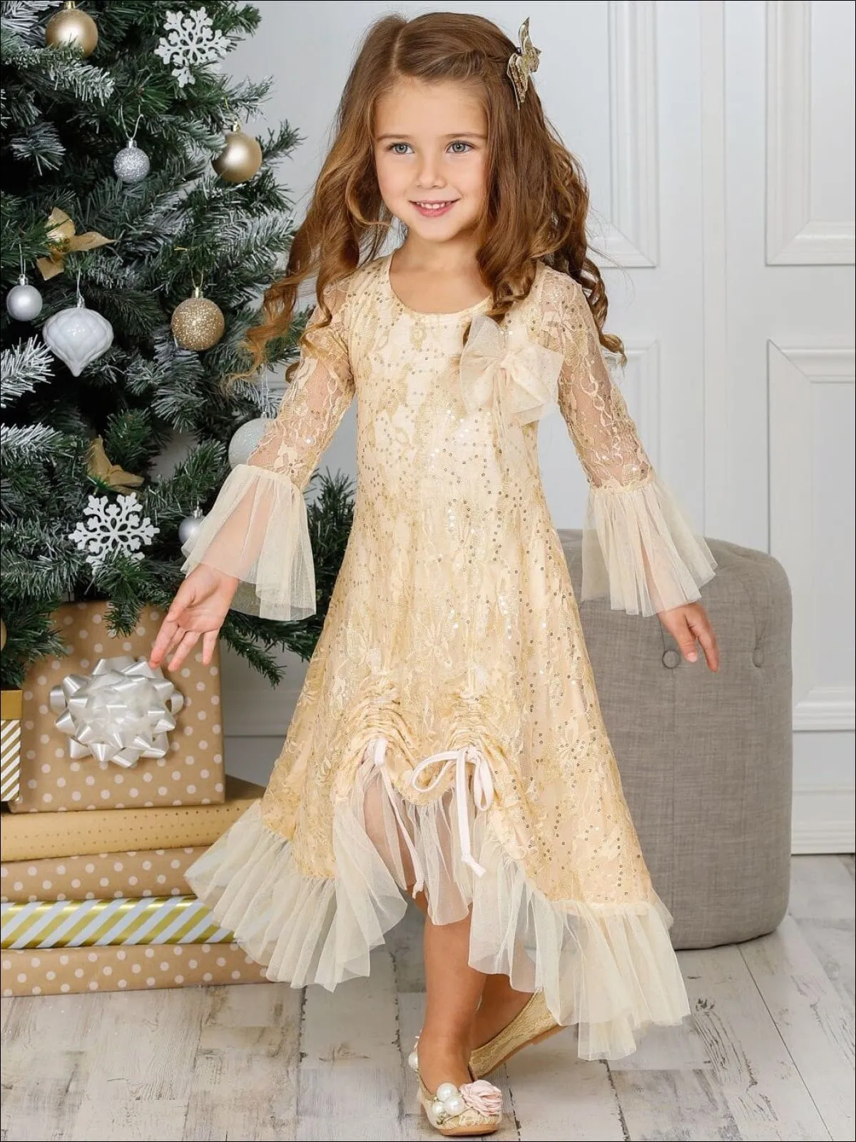 Girls Bell Sleeve Lace Hi-Lo Drawstring Ruffled Dress