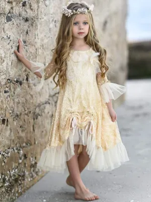 Girls Bell Sleeve Lace Hi-Lo Drawstring Ruffled Dress