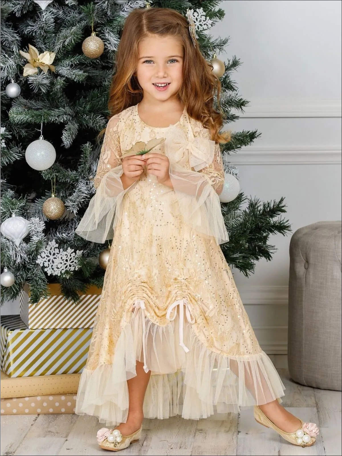 Girls Bell Sleeve Lace Hi-Lo Drawstring Ruffled Dress