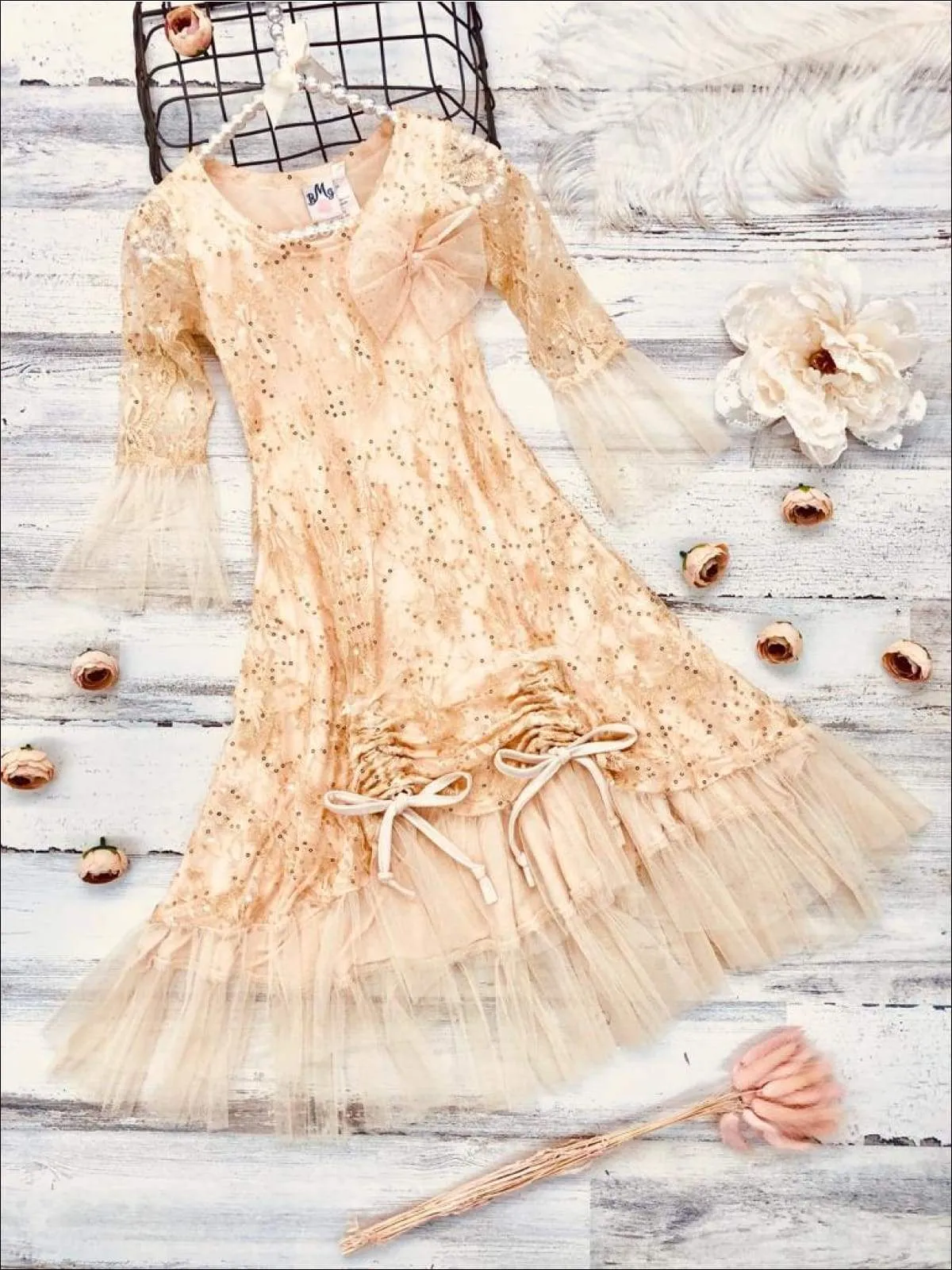 Girls Bell Sleeve Lace Hi-Lo Drawstring Ruffled Dress