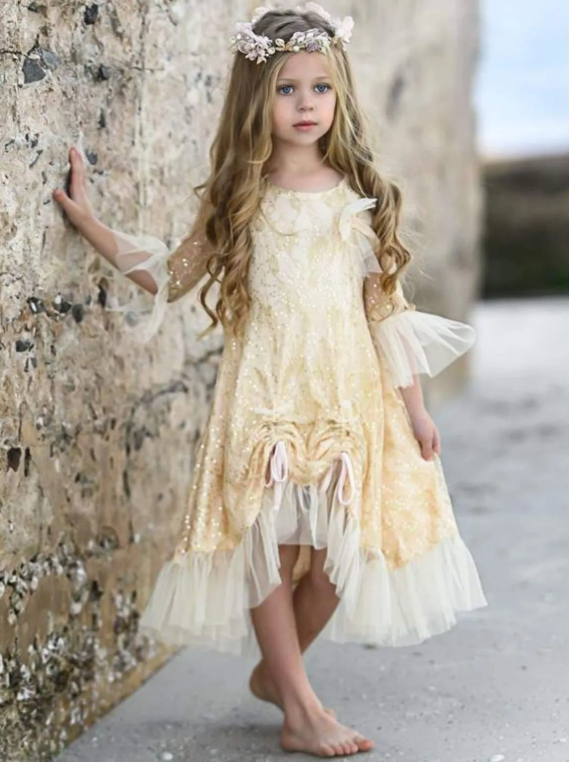 Girls Bell Sleeve Lace Hi-Lo Drawstring Ruffled Dress