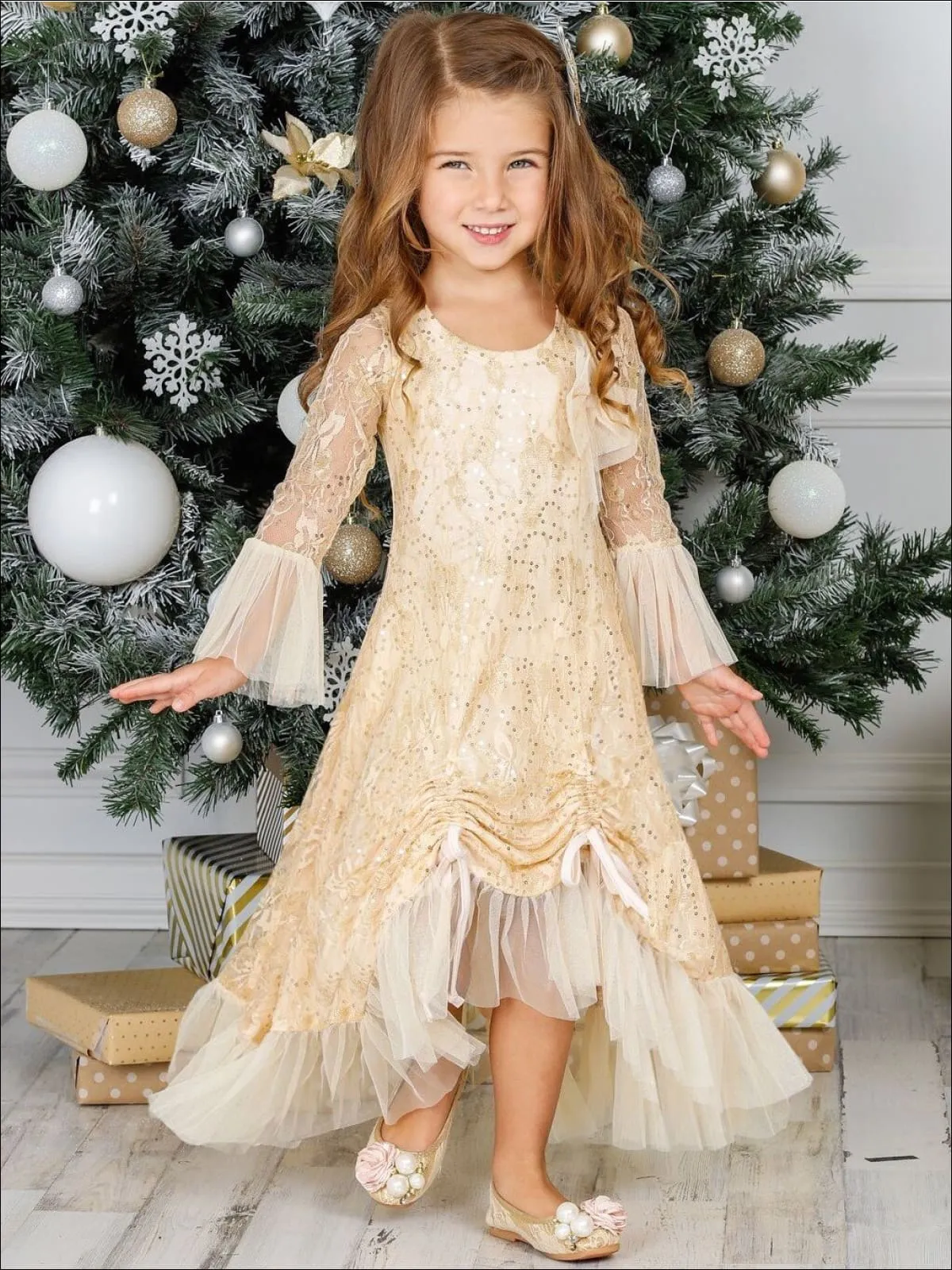 Girls Bell Sleeve Lace Hi-Lo Drawstring Ruffled Dress