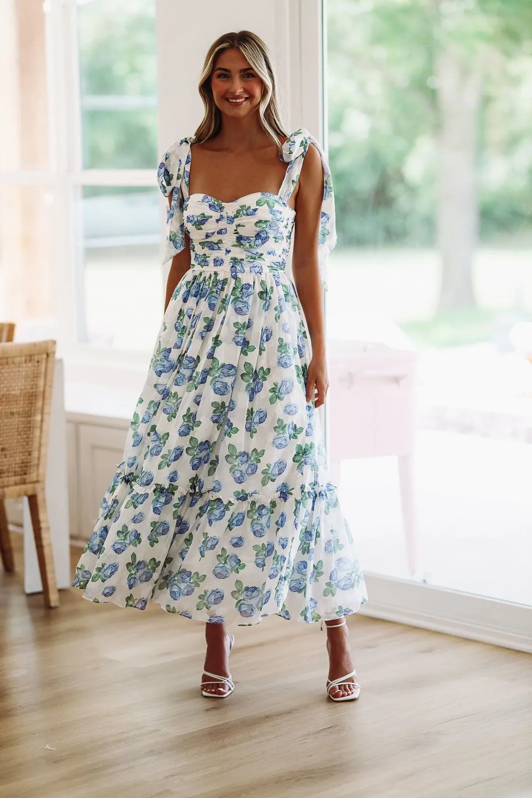 Girly and Chic Maxi Dress - Ivory and Blue