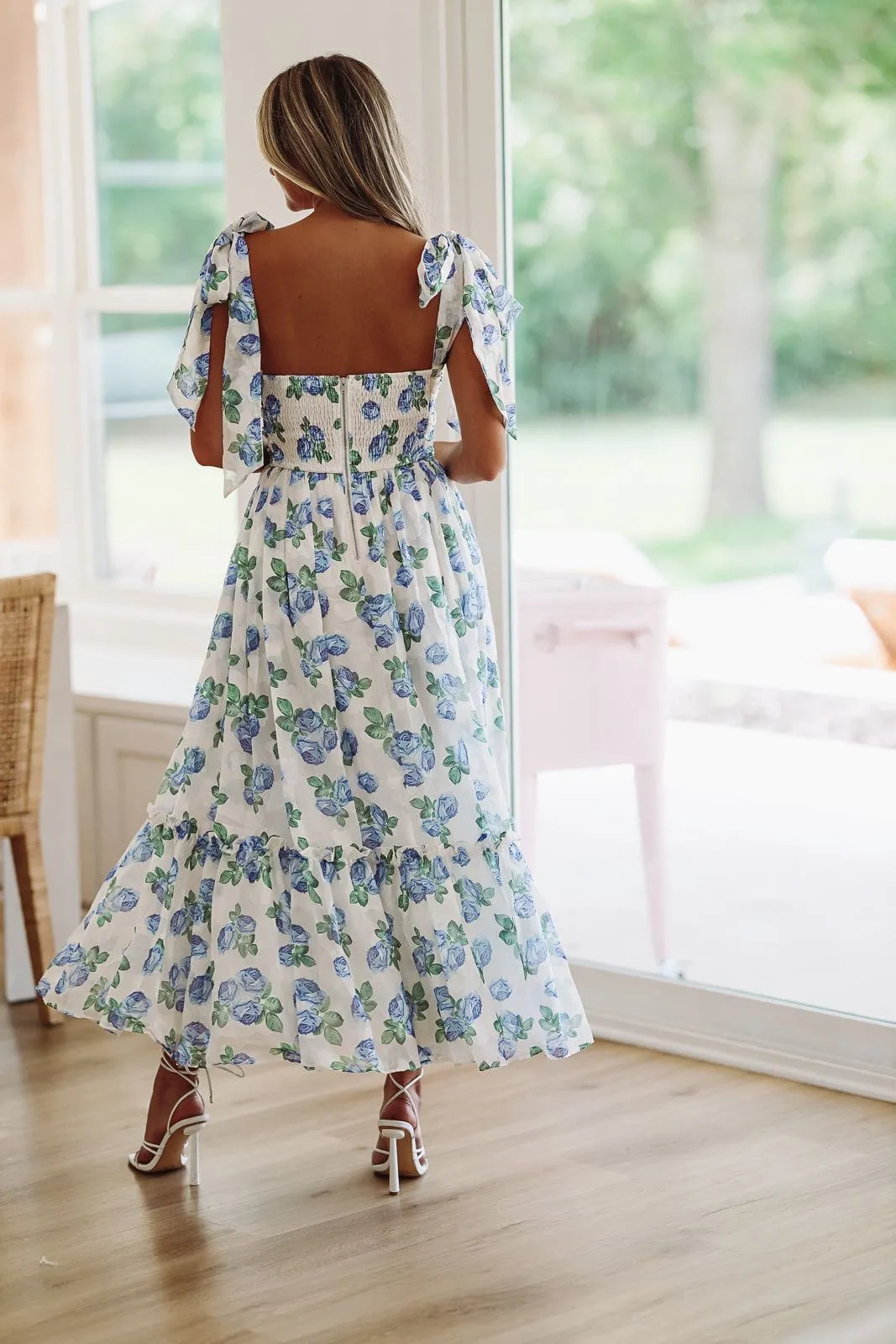 Girly and Chic Maxi Dress - Ivory and Blue