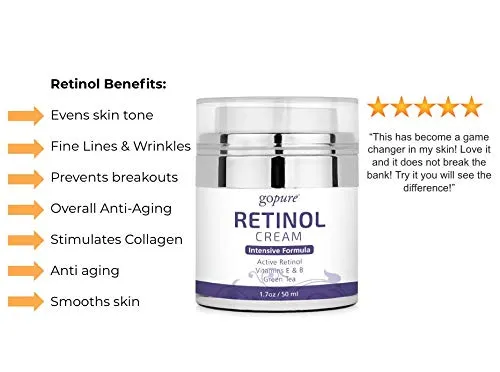 goPure Retinol Cream for Face - Anti Aging Face Cream - Anti Wrinkle Cream Face Moisturizer - Retinol Night Cream in Airless Jar - 1.7oz