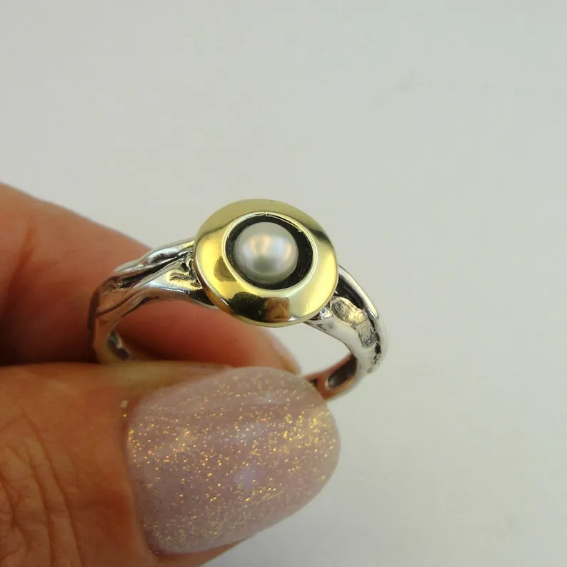 Hadar Designers Pearl Ring 6,7,8,9 Classy 9k Yellow Gold 925 Silver (MS 1576)