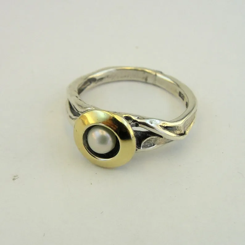 Hadar Designers Pearl Ring 6,7,8,9 Classy 9k Yellow Gold 925 Silver (MS 1576)