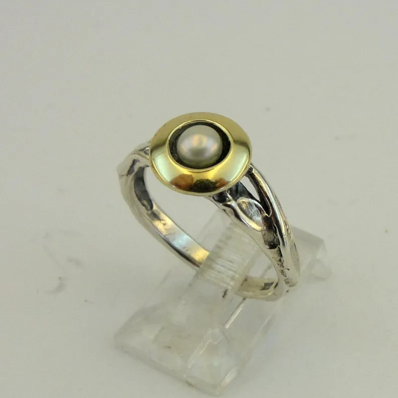Hadar Designers Pearl Ring 6,7,8,9 Classy 9k Yellow Gold 925 Silver (MS 1576)
