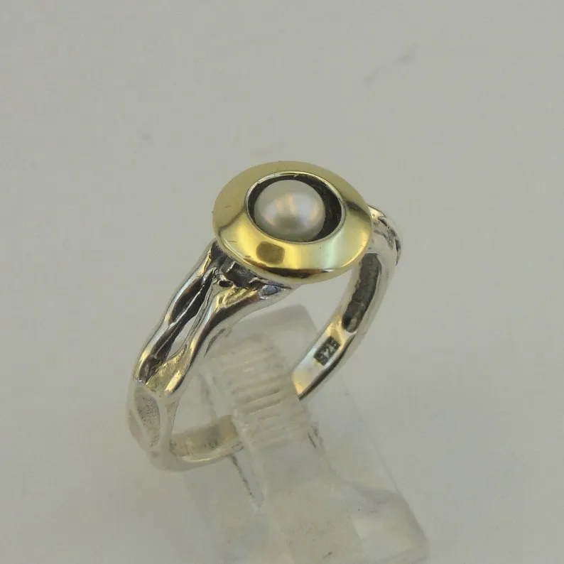 Hadar Designers Pearl Ring 6,7,8,9 Classy 9k Yellow Gold 925 Silver (MS 1576)