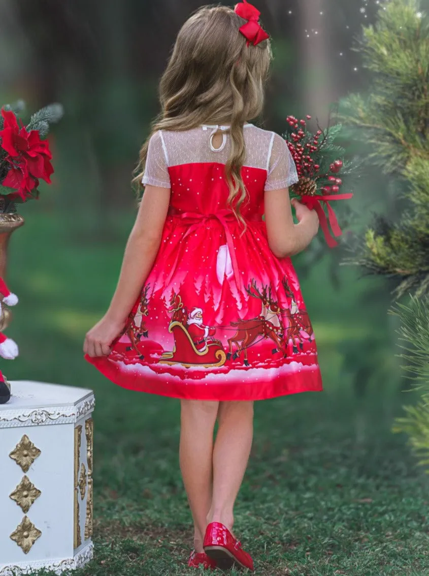 Ho-Ho-Ho Sheer Sleeve Holiday Scene Dress