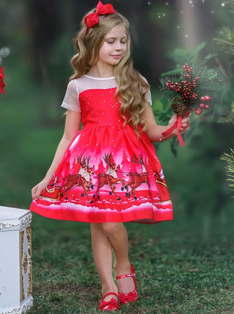 Ho-Ho-Ho Sheer Sleeve Holiday Scene Dress