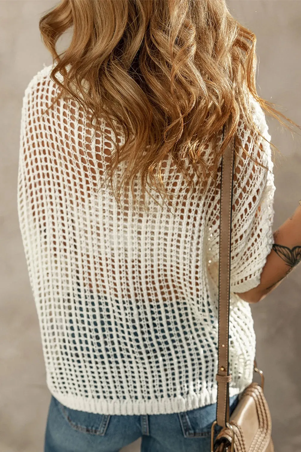 Hollowed Crochet Colorful Flower Loose Knit T Shirt