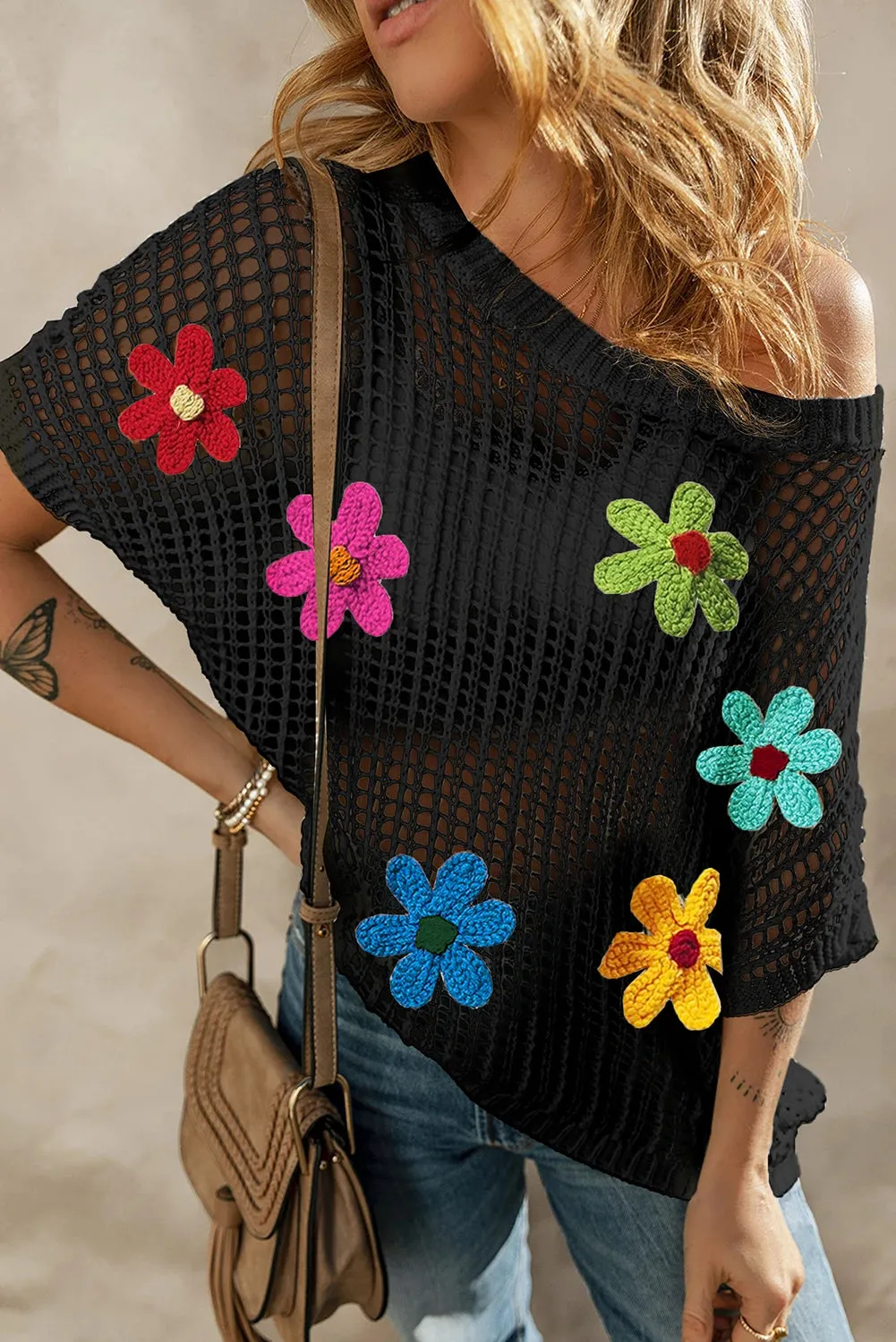 Hollowed Crochet Colorful Flower Loose Knit T Shirt