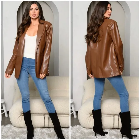 HYFVE Relaxed Fit Brown Pleather Blazer