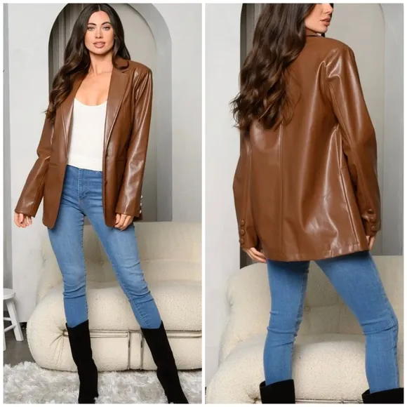 HYFVE Relaxed Fit Brown Pleather Blazer
