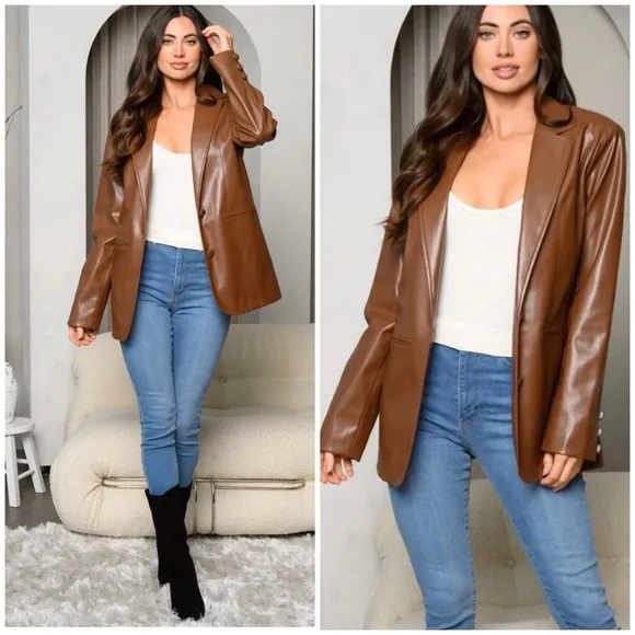 HYFVE Relaxed Fit Brown Pleather Blazer