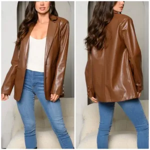 HYFVE Relaxed Fit Brown Pleather Blazer