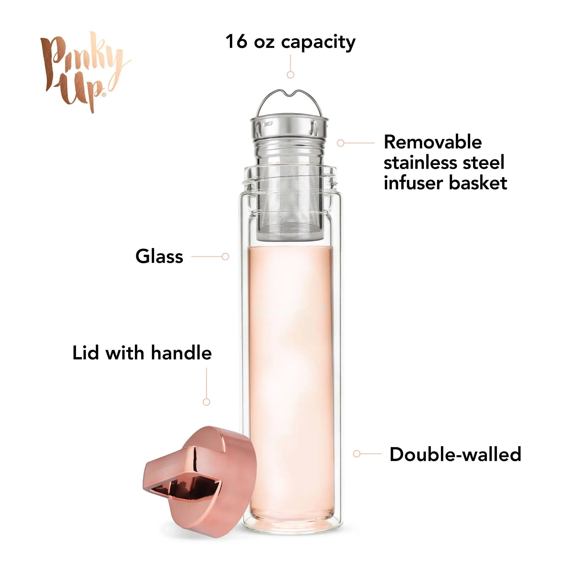 Insulated Glass Travel Mug w/ Infuser & Rose Gold Lid