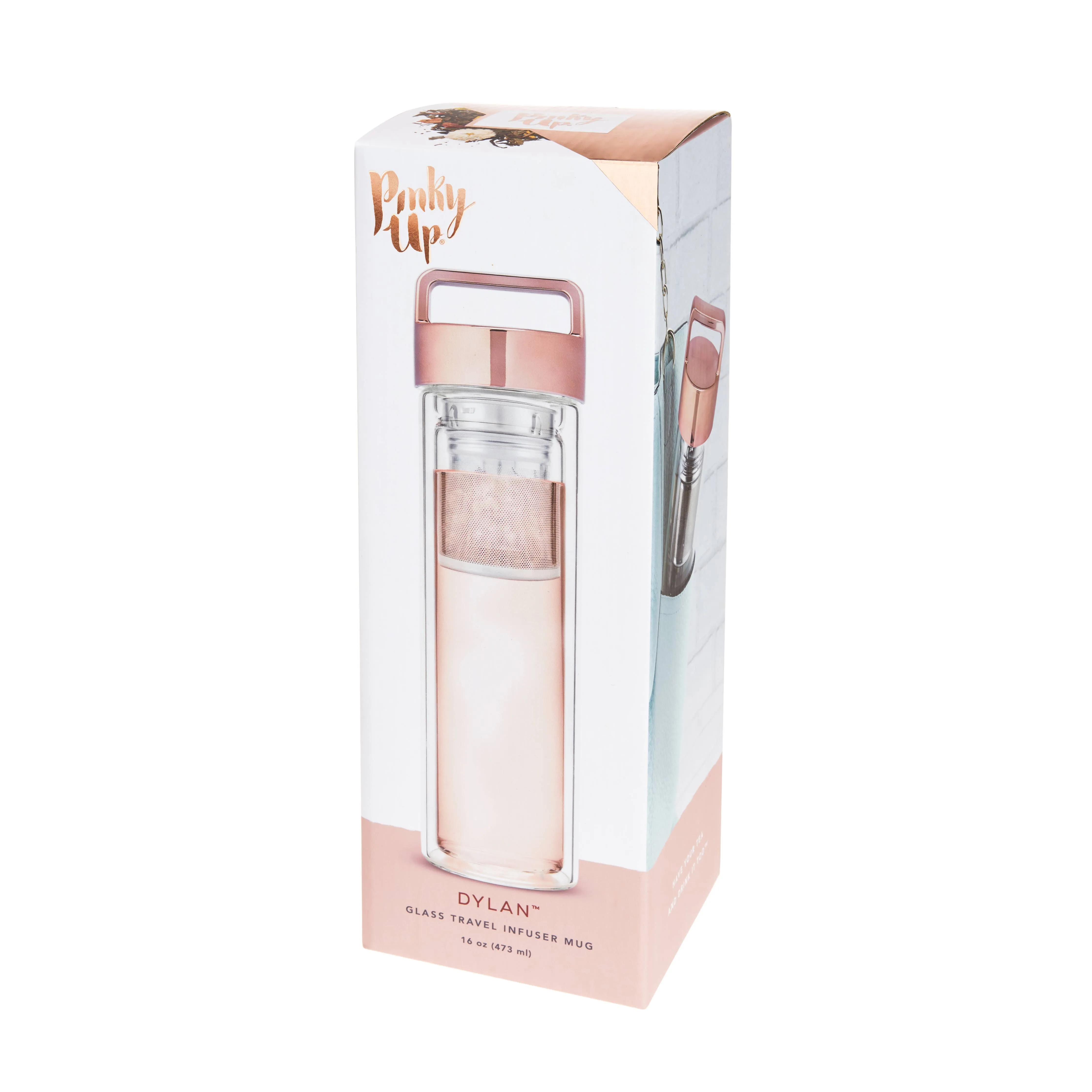 Insulated Glass Travel Mug w/ Infuser & Rose Gold Lid