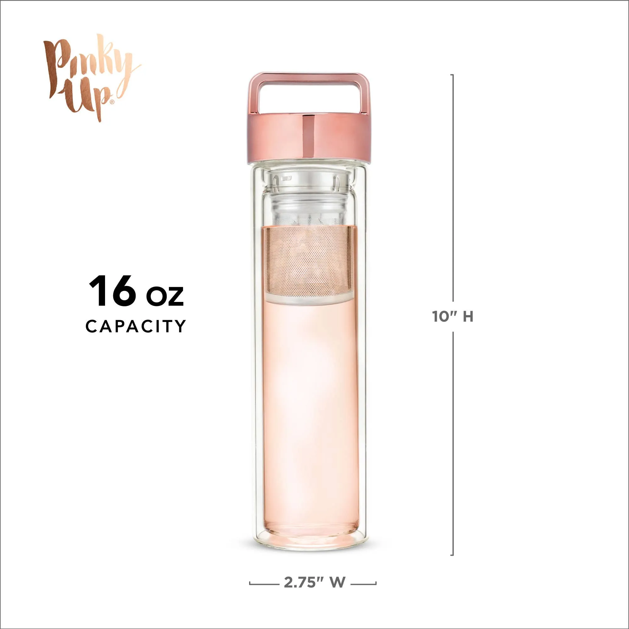 Insulated Glass Travel Mug w/ Infuser & Rose Gold Lid