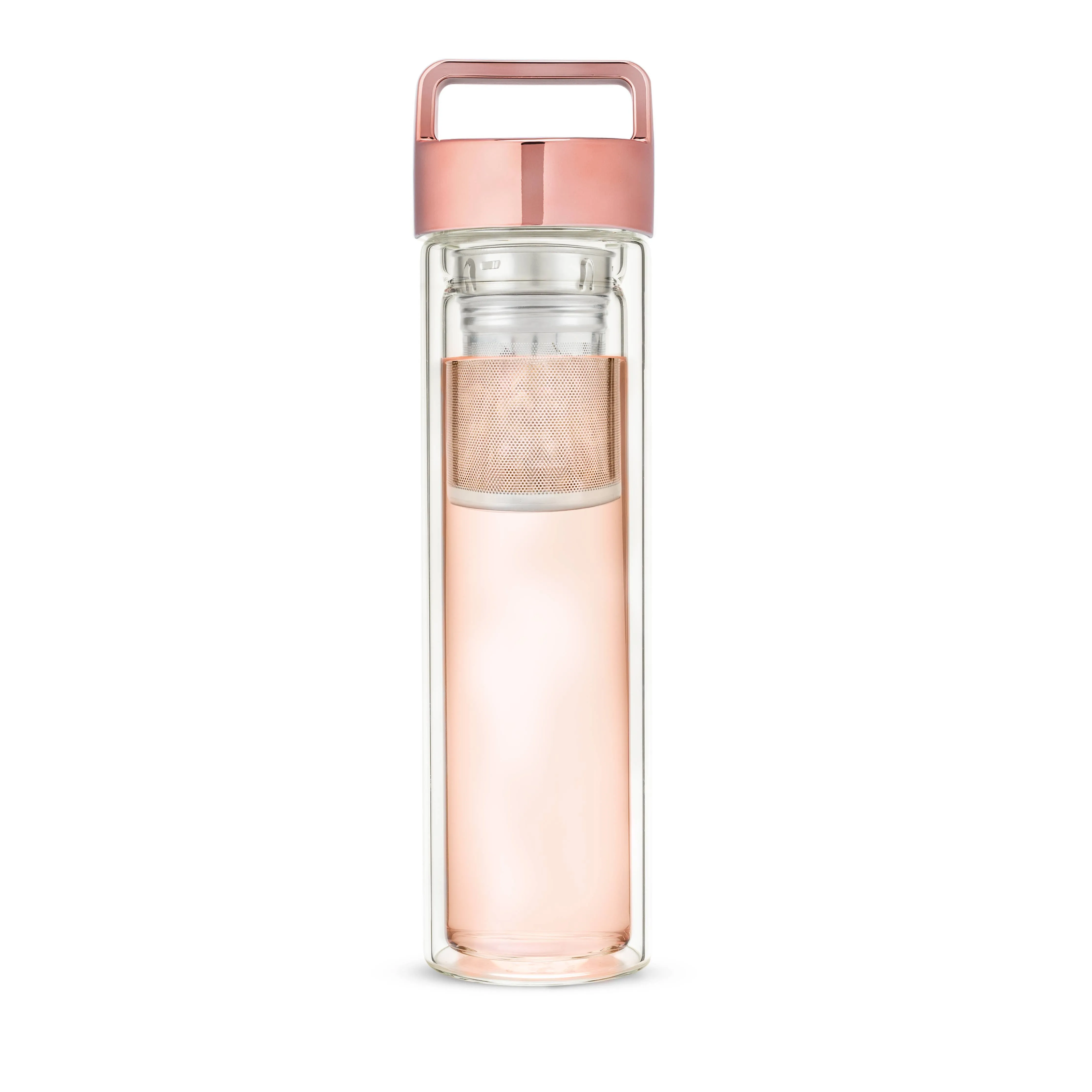 Insulated Glass Travel Mug w/ Infuser & Rose Gold Lid