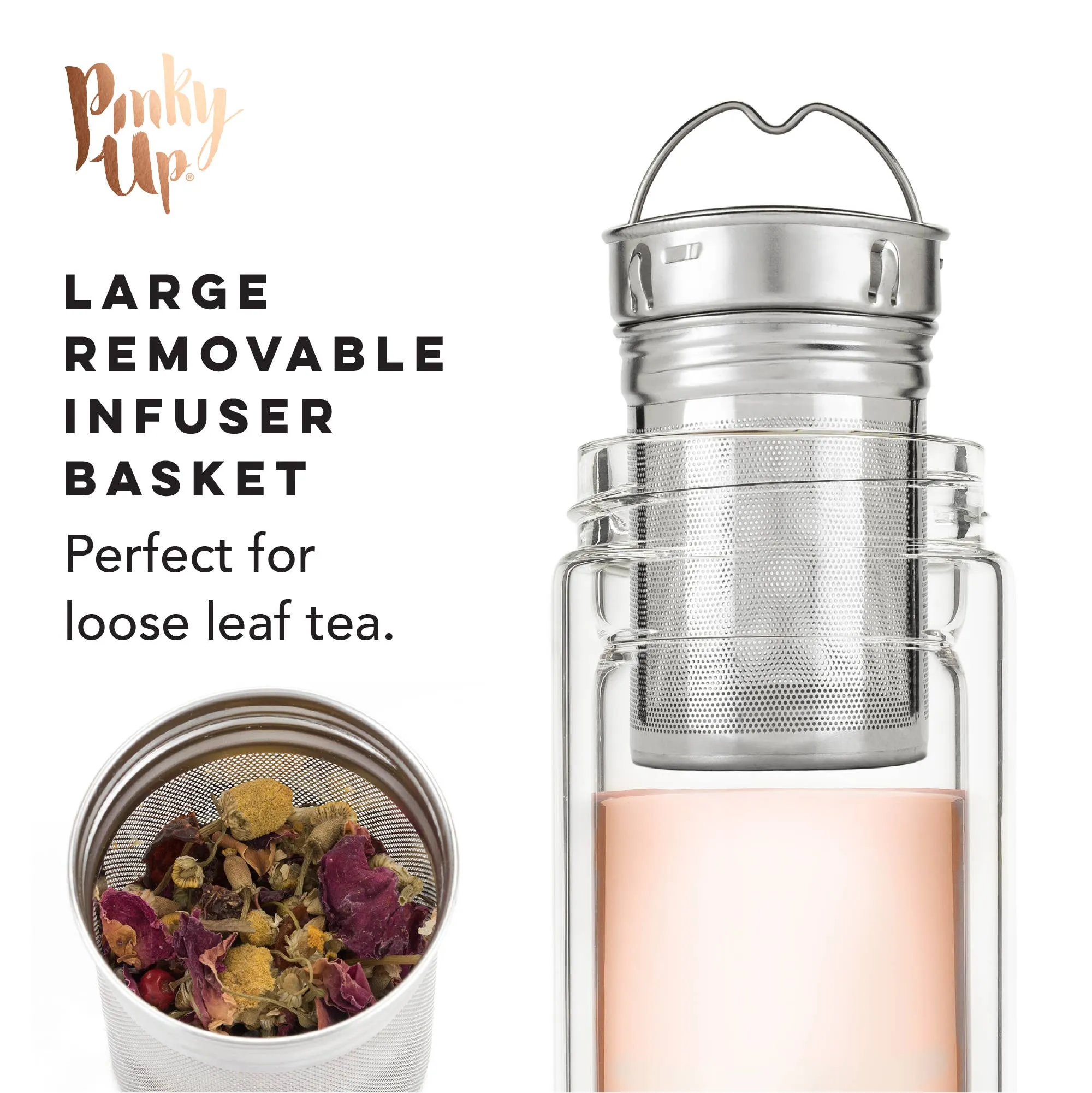 Insulated Glass Travel Mug w/ Infuser & Rose Gold Lid