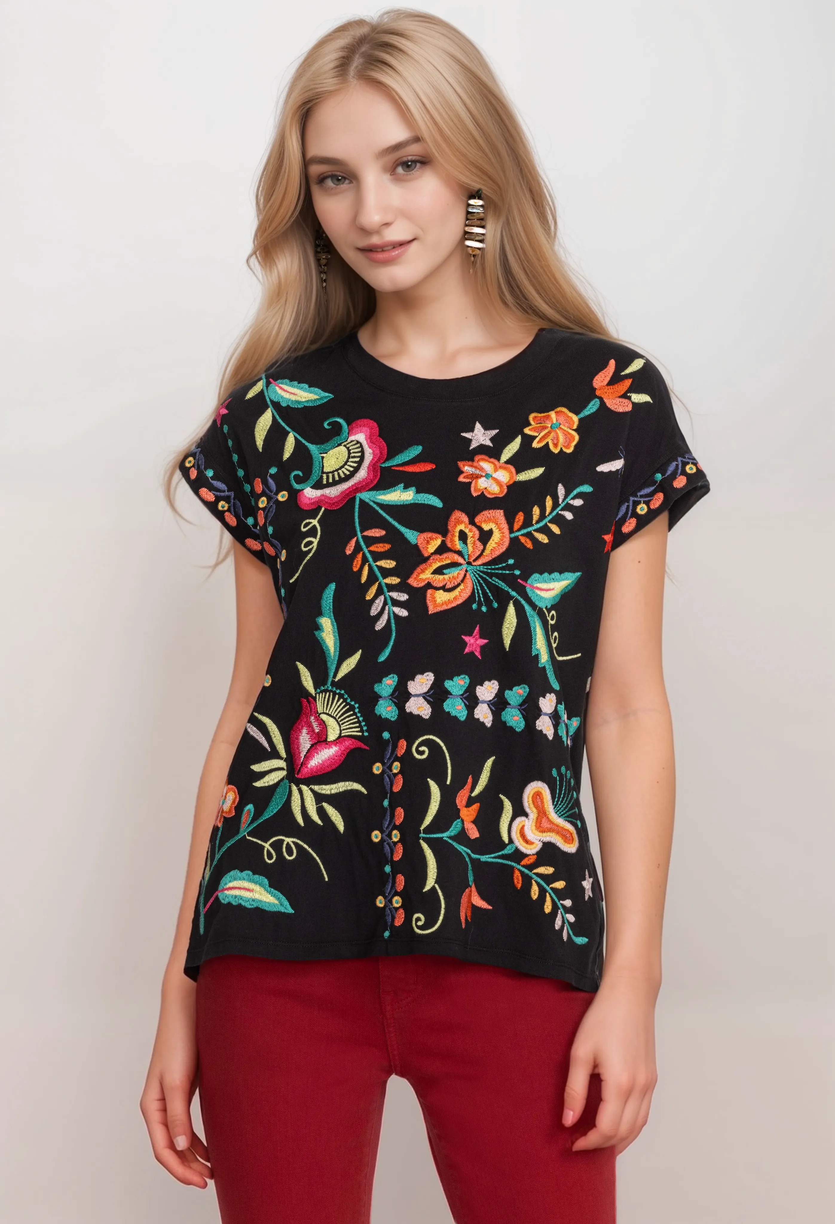 Johnny Was JWLA Averi Relaxed Embroidered Tee Boho Chic J13824 *