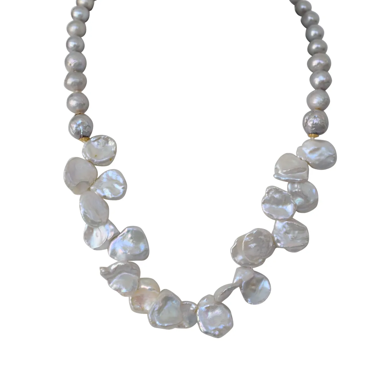 Keshi Pearl Bib Necklace with Grey & Gold