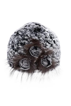 Knitted Rex Rabbit Fur Hat-Flower Detail