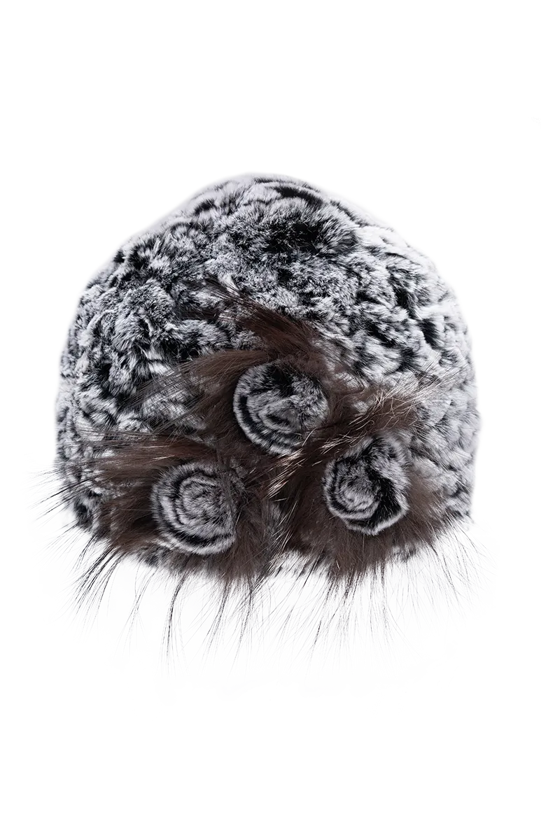 Knitted Rex Rabbit Fur Hat-Flower Detail