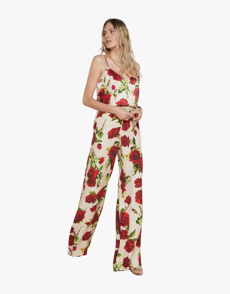 L'agence Jane Floral Silk Camisole in Sand & Red Romantic Rose