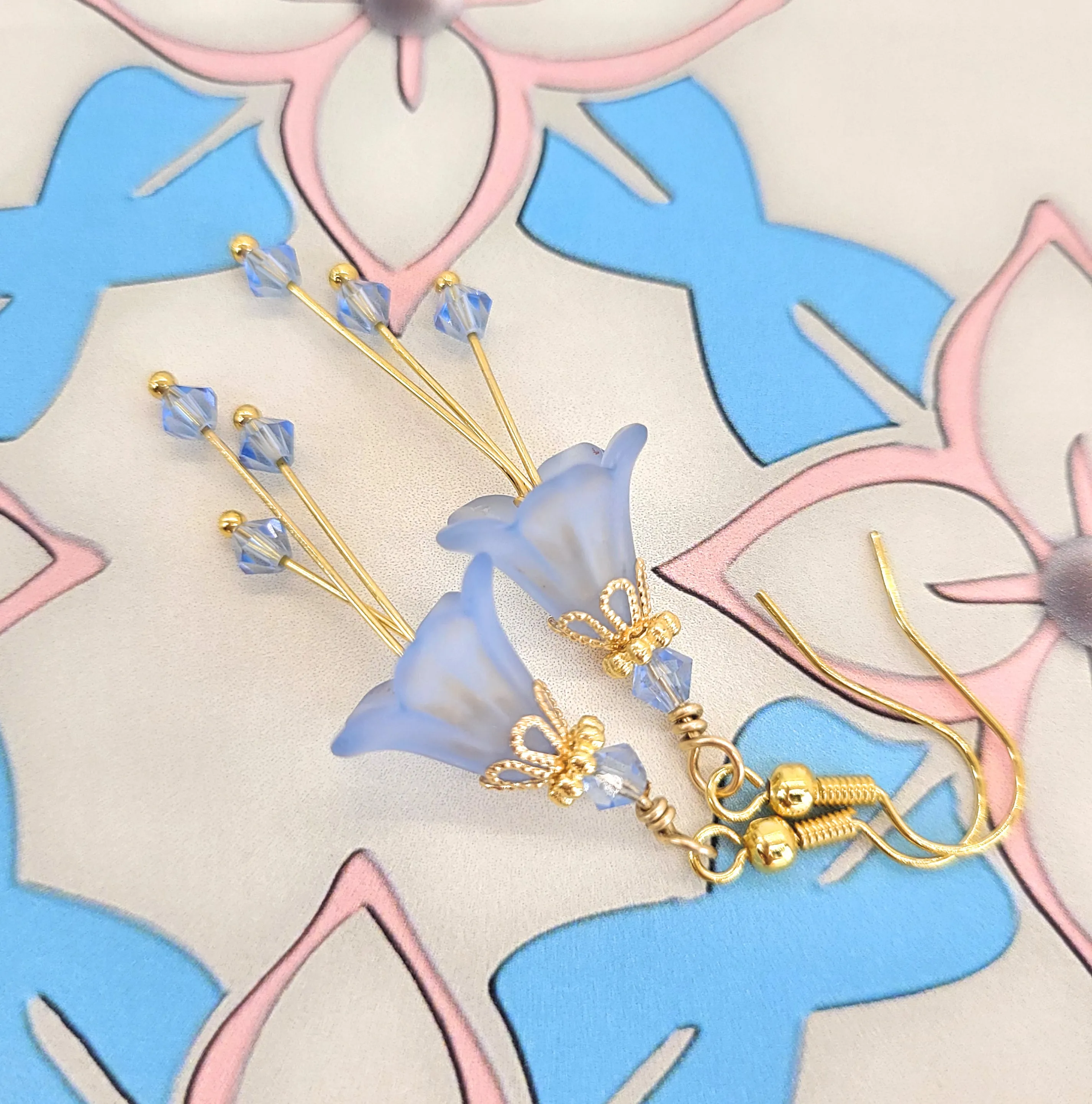 Light Sapphire Powder Blue and Gold Bell Flower Earrings