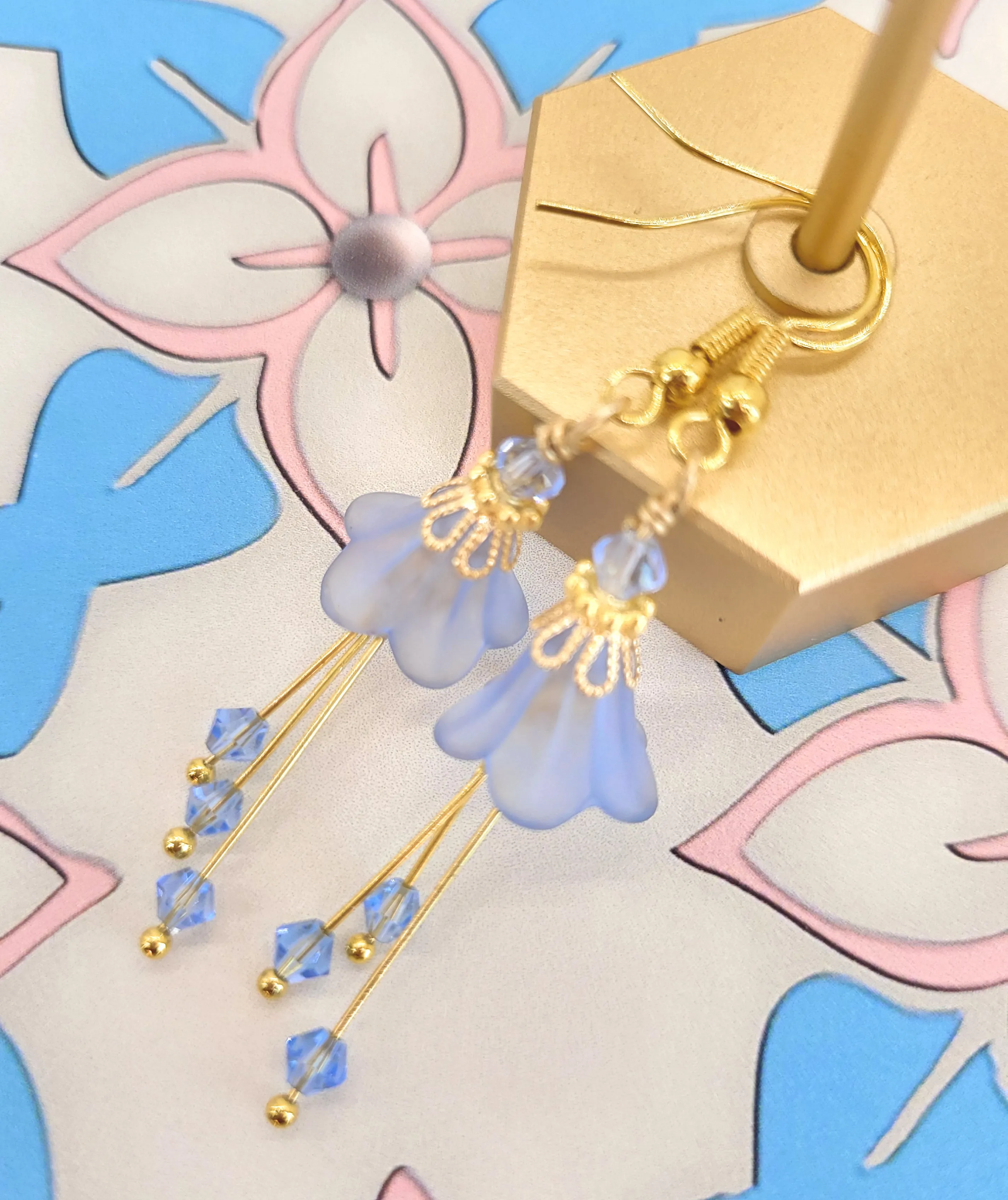 Light Sapphire Powder Blue and Gold Bell Flower Earrings
